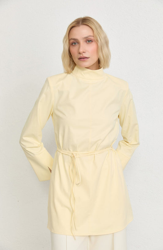Dik Yaka Butter Sarı Basic Pamuk Tunik Gömlek - Fatma Atasoy