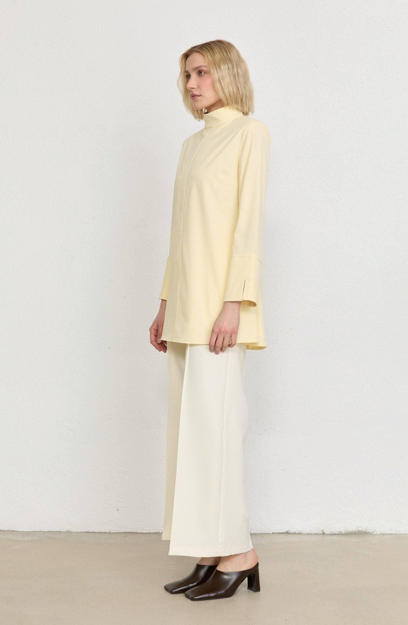 Dik Yaka Butter Sarı Basic Pamuk Tunik Gömlek - Fatma Atasoy