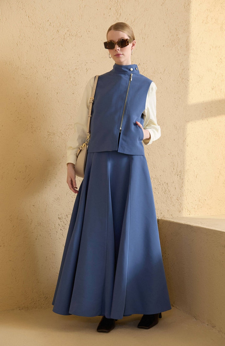 Dik Yaka İndigo Parçalı Yelek Etek Takım - Fatma Atasoy