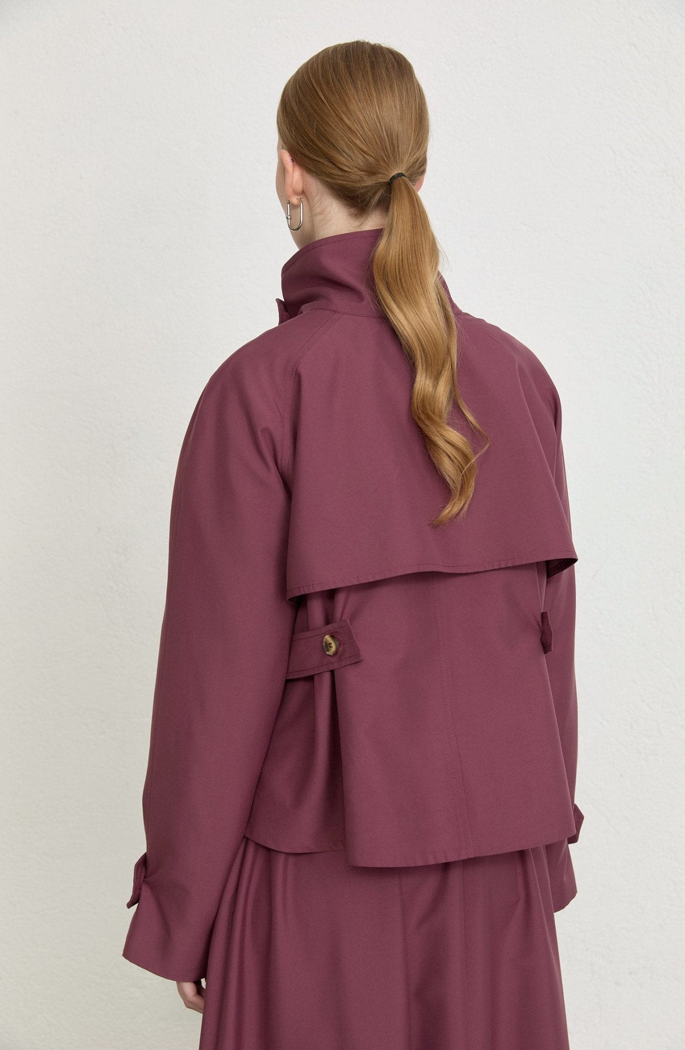 Dik Yaka Mürdüm Oversize Midi Trenç Ceket - Fatma Atasoy