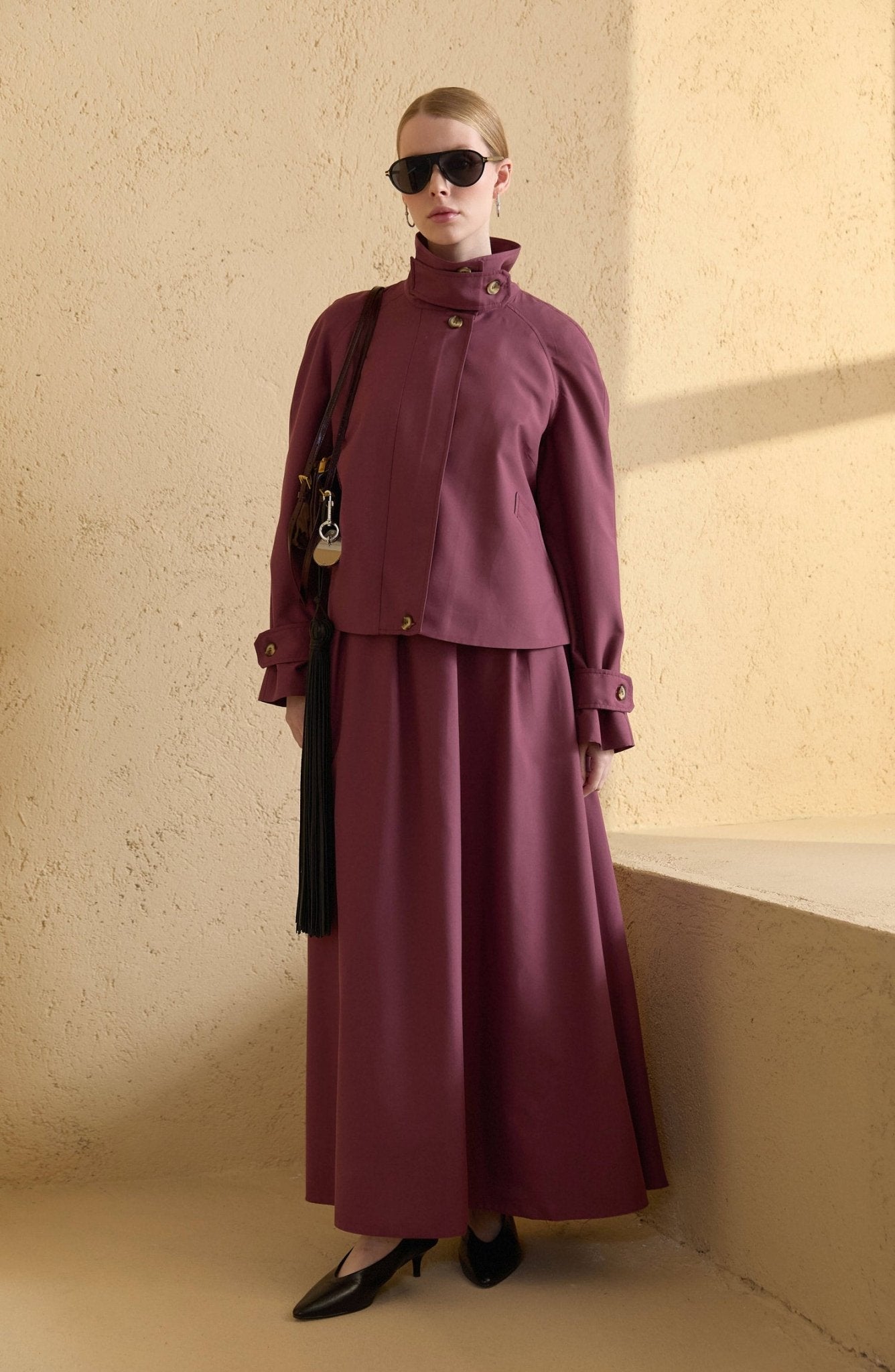 Dik Yaka Mürdüm Oversize Midi Trenç Ceket - Fatma Atasoy