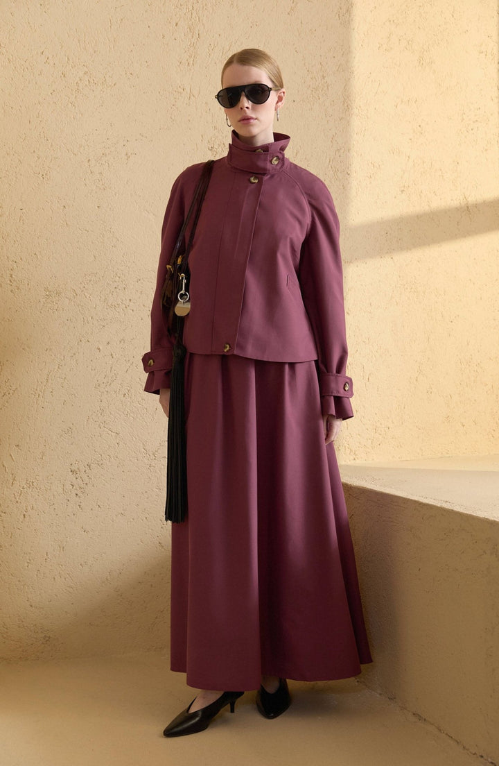 Dik Yaka Mürdüm Oversize Midi Trenç Ceket - Fatma Atasoy