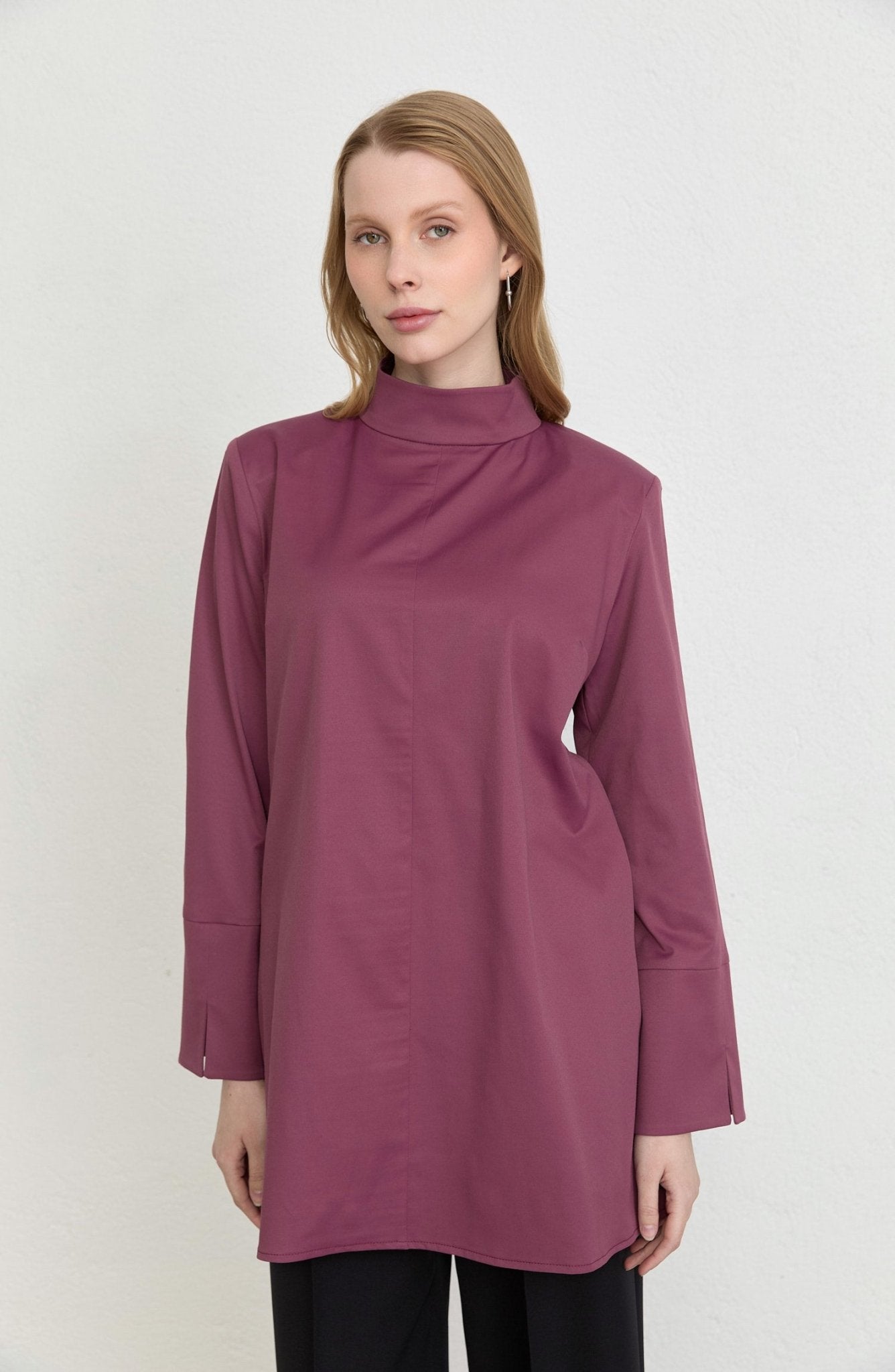 Dik Yaka Mürdüm Basic Pamuk Tunik Gömlek - Fatma Atasoy