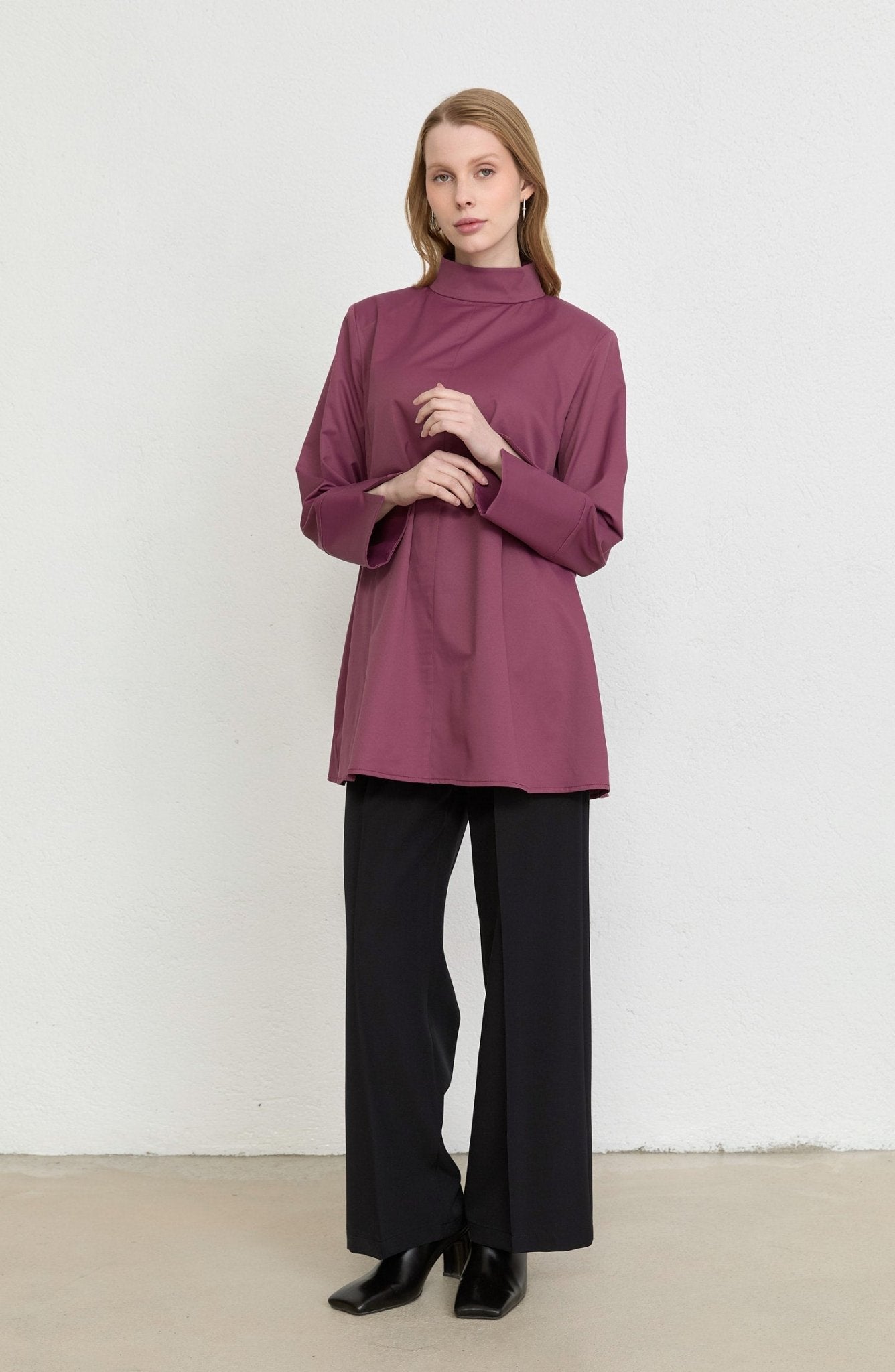 Dik Yaka Mürdüm Basic Pamuk Tunik Gömlek - Fatma Atasoy