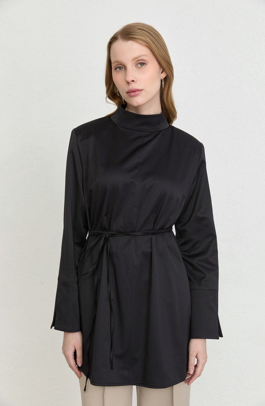 Dik Yaka Siyah Basic Pamuk Tunik Gömlek - Fatma Atasoy