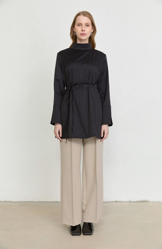 Dik Yaka Siyah Basic Pamuk Tunik Gömlek - Fatma Atasoy