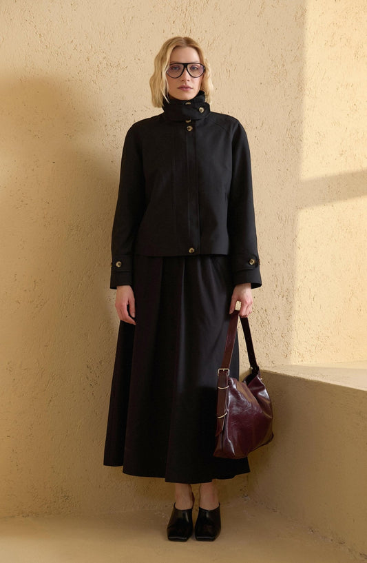 Dik Yaka Siyah Oversize Midi Trenç Ceket - Fatma Atasoy