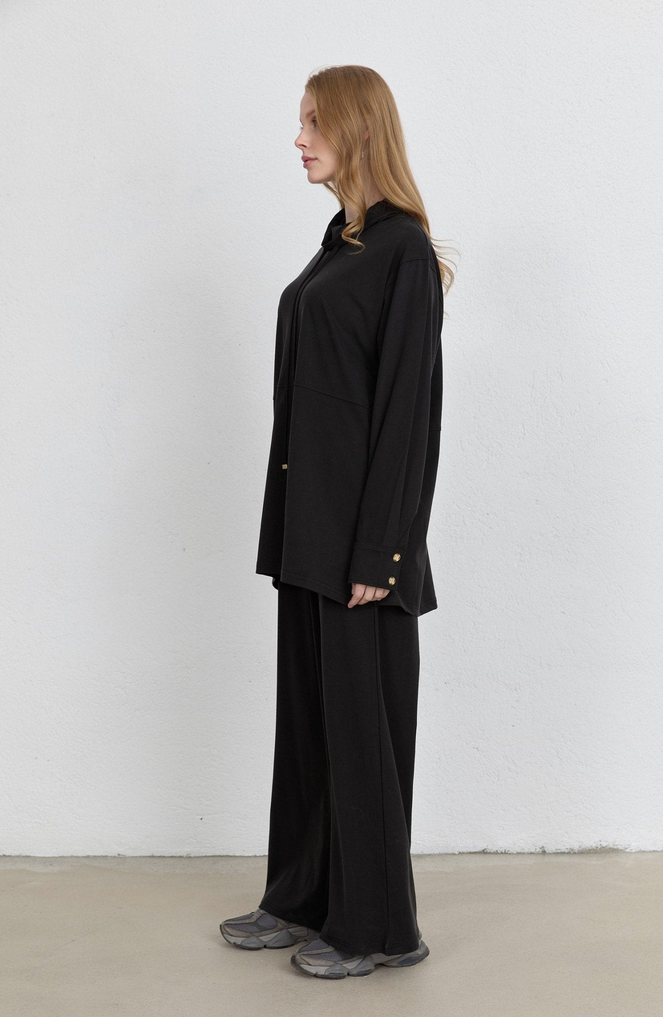 Dik Yaka Siyah Soft Touch Viskon İkili Takım - Fatma Atasoy