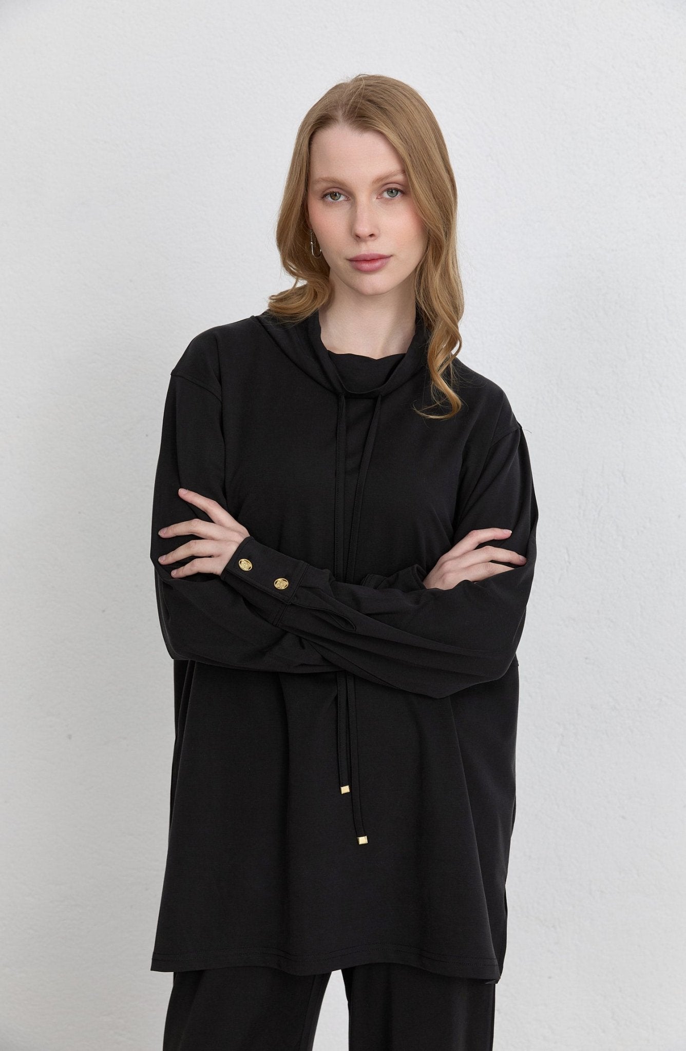 Dik Yaka Siyah Soft Touch Viskon İkili Takım - Fatma Atasoy