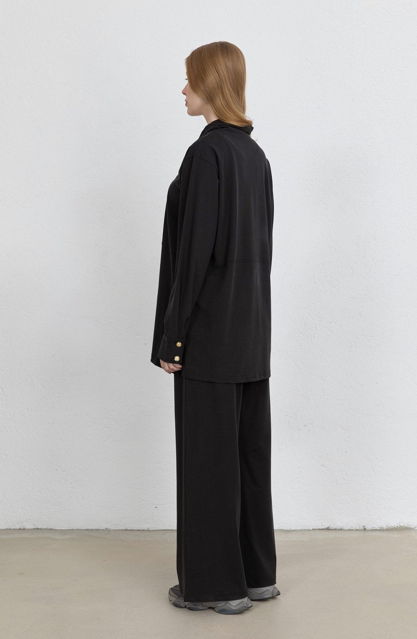 Dik Yaka Siyah Soft Touch Viskon İkili Takım - Fatma Atasoy