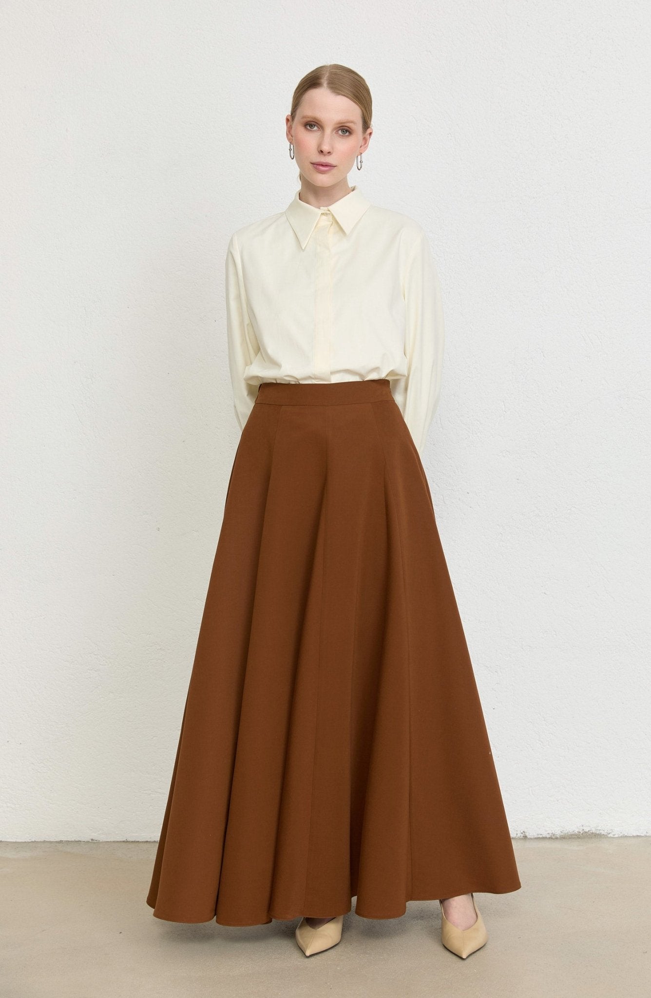 Dik Yaka Taba Parçalı Yelek Etek Takım - Fatma Atasoy