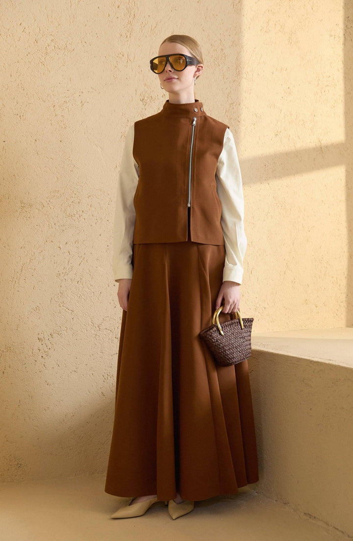 Dik Yaka Taba Parçalı Yelek Etek Takım - Fatma Atasoy