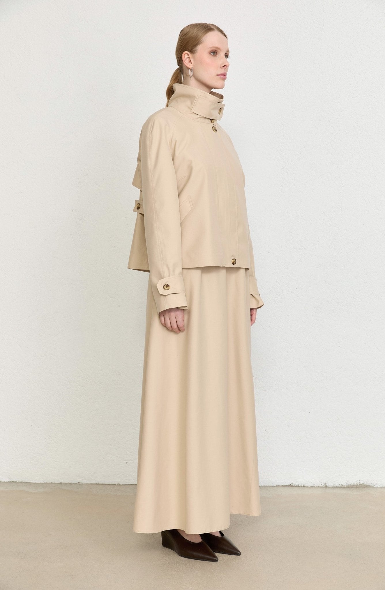 Dik Yaka Taş Oversize Midi Trenç Ceket - Fatma Atasoy