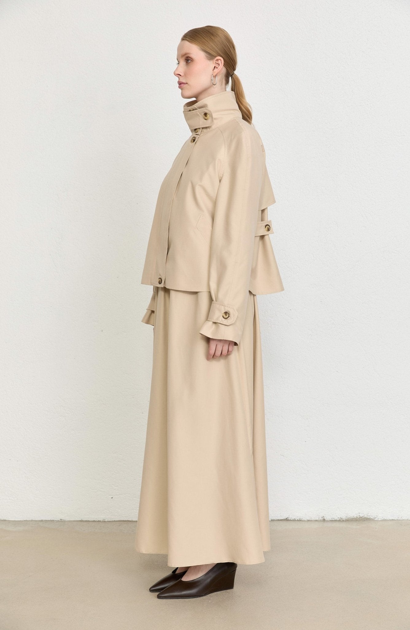 Dik Yaka Taş Oversize Midi Trenç Ceket - Fatma Atasoy