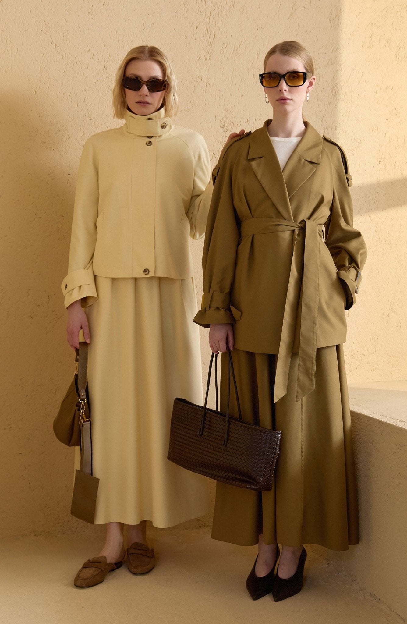 Dik Yaka Yağ Sarısı Oversize Midi Trenç Ceket - Fatma Atasoy