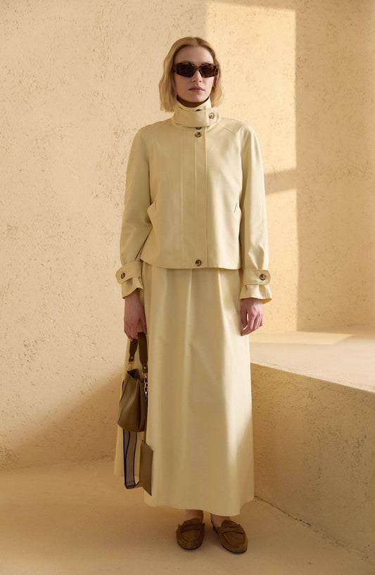 Dik Yaka Yağ Sarısı Oversize Midi Trenç Ceket - Fatma Atasoy