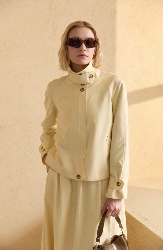 Dik Yaka Yağ Sarısı Oversize Midi Trenç Ceket - Fatma Atasoy