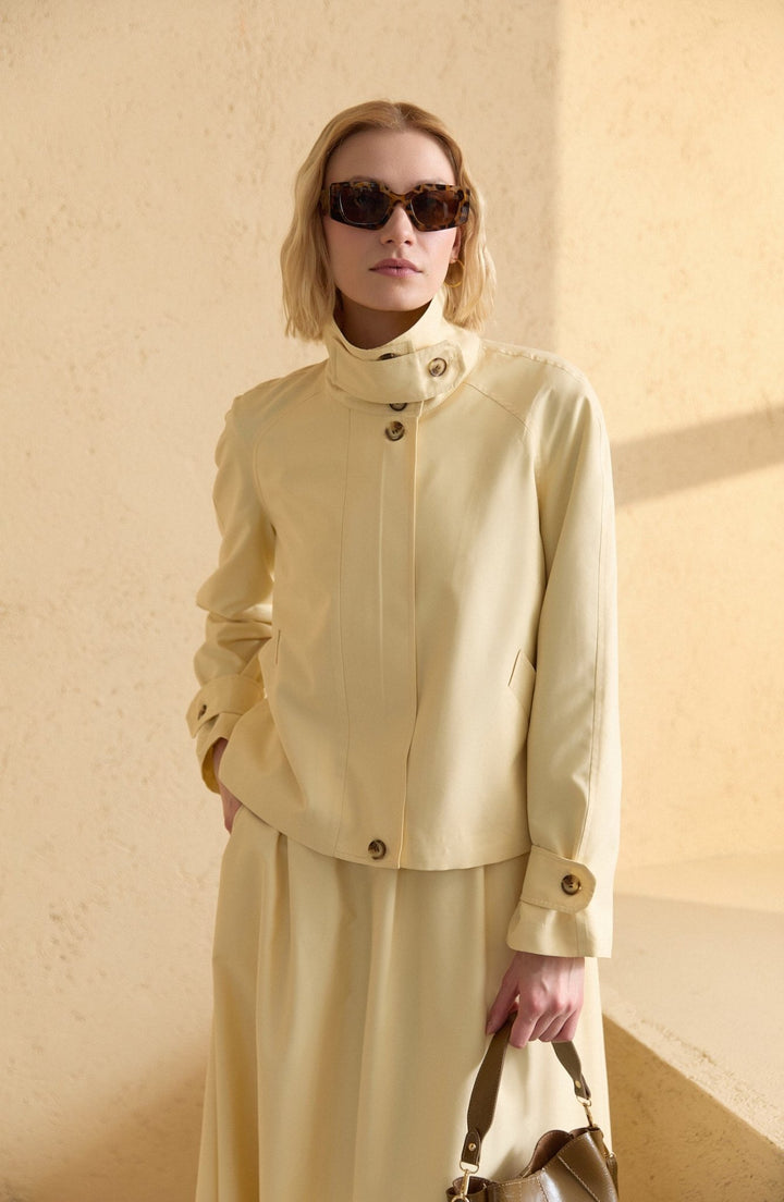 Dik Yaka Yağ Sarısı Oversize Midi Trenç Ceket - Fatma Atasoy