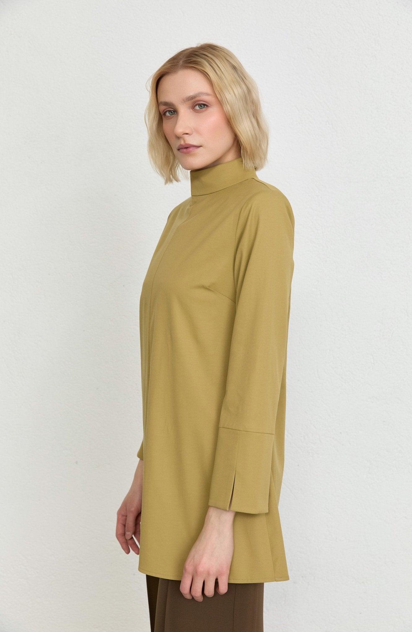 Dik Yaka Yağ Yeşili Basic Pamuk Tunik Gömlek - Fatma Atasoy