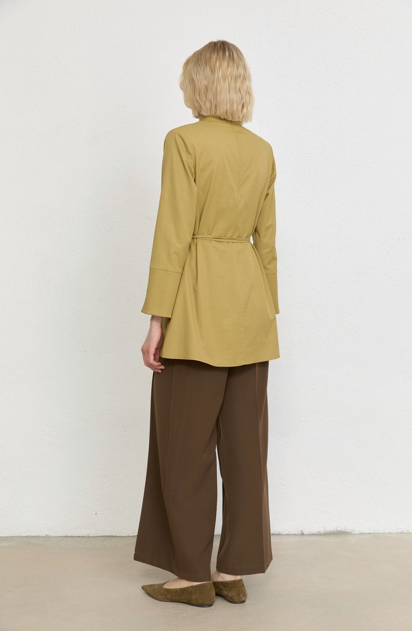 Dik Yaka Yağ Yeşili Basic Pamuk Tunik Gömlek - Fatma Atasoy