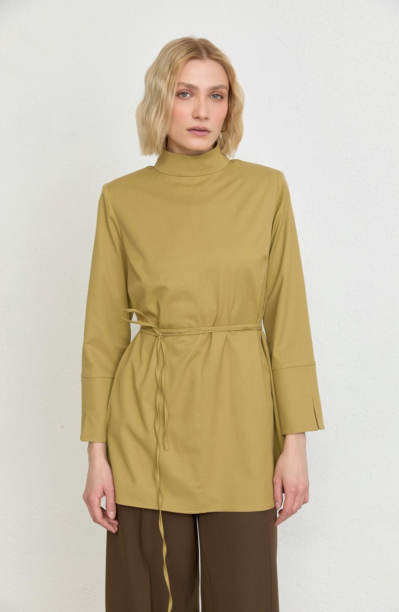 Dik Yaka Yağ Yeşili Basic Pamuk Tunik Gömlek - Fatma Atasoy