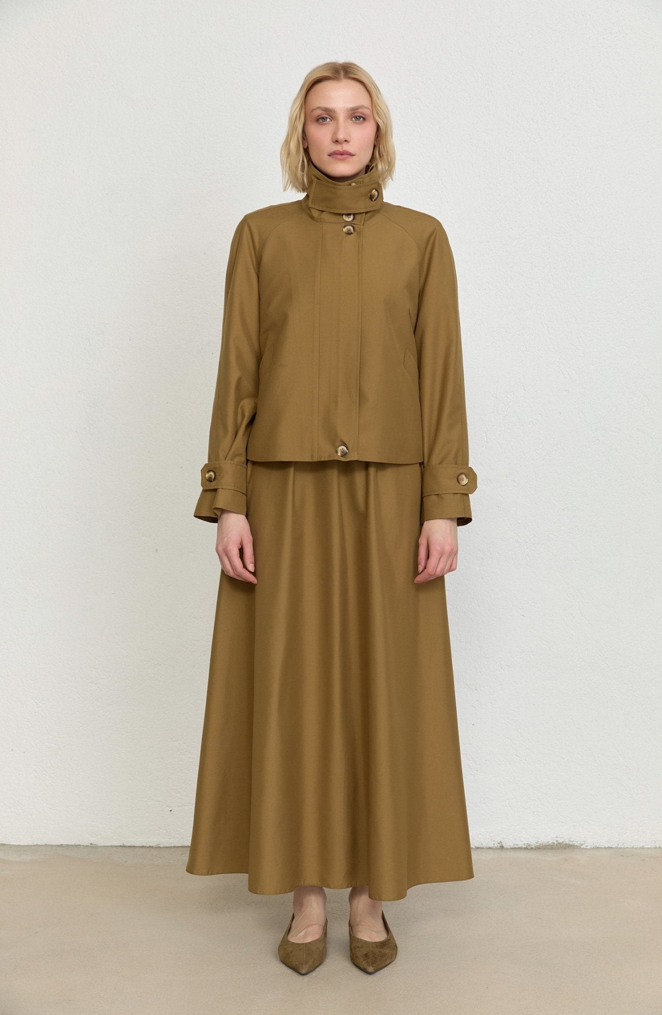 Dik Yaka Yağ Yeşili Oversize Midi Trenç Ceket - Fatma Atasoy