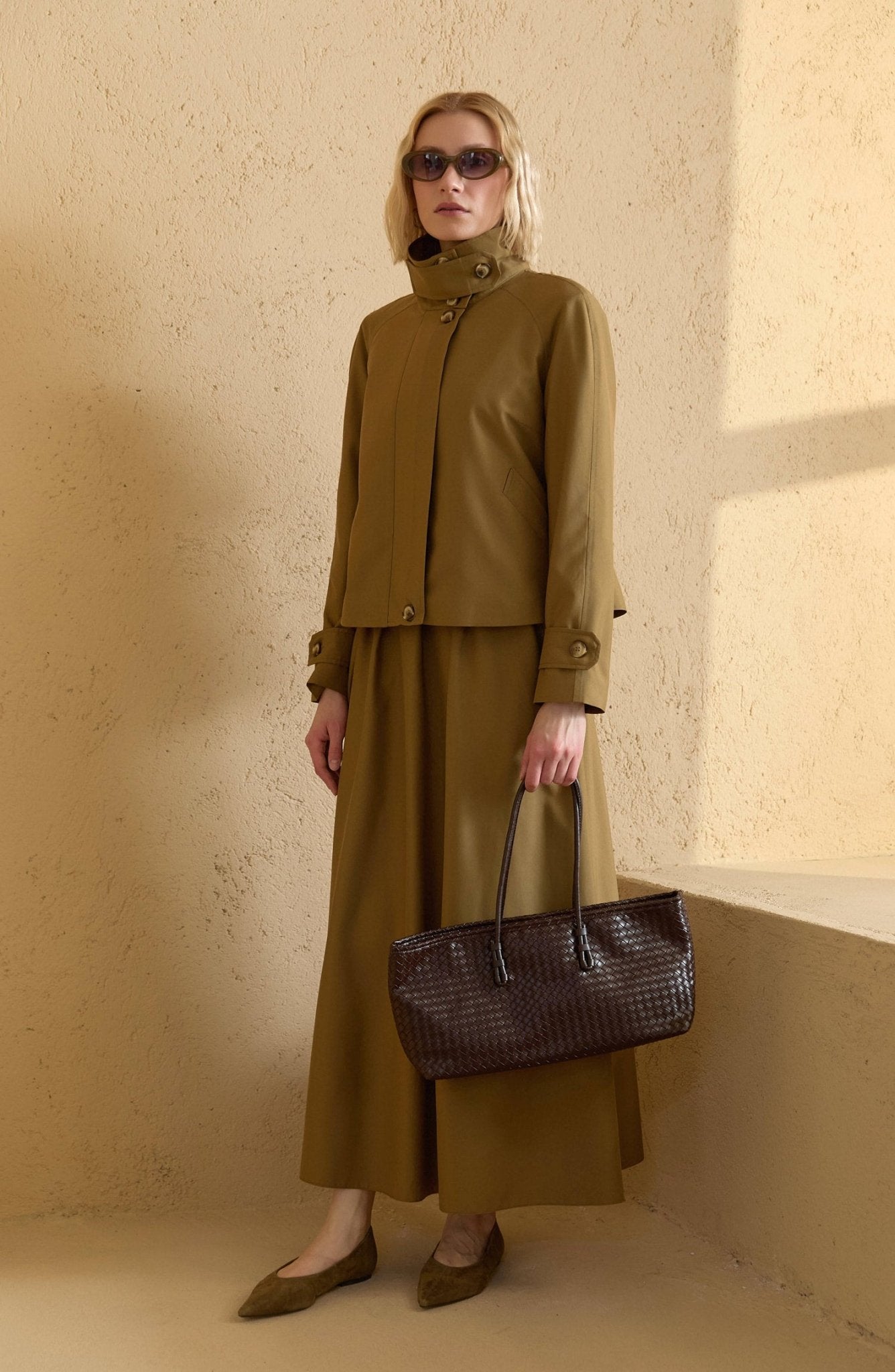 Dik Yaka Yağ Yeşili Oversize Midi Trenç Ceket - Fatma Atasoy