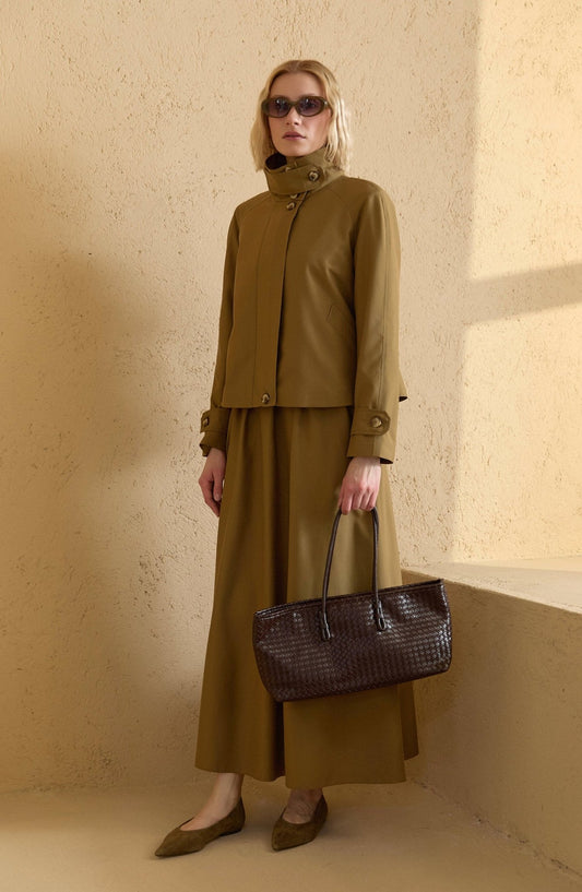 Dik Yaka Yağ Yeşili Oversize Midi Trenç Ceket - Fatma Atasoy