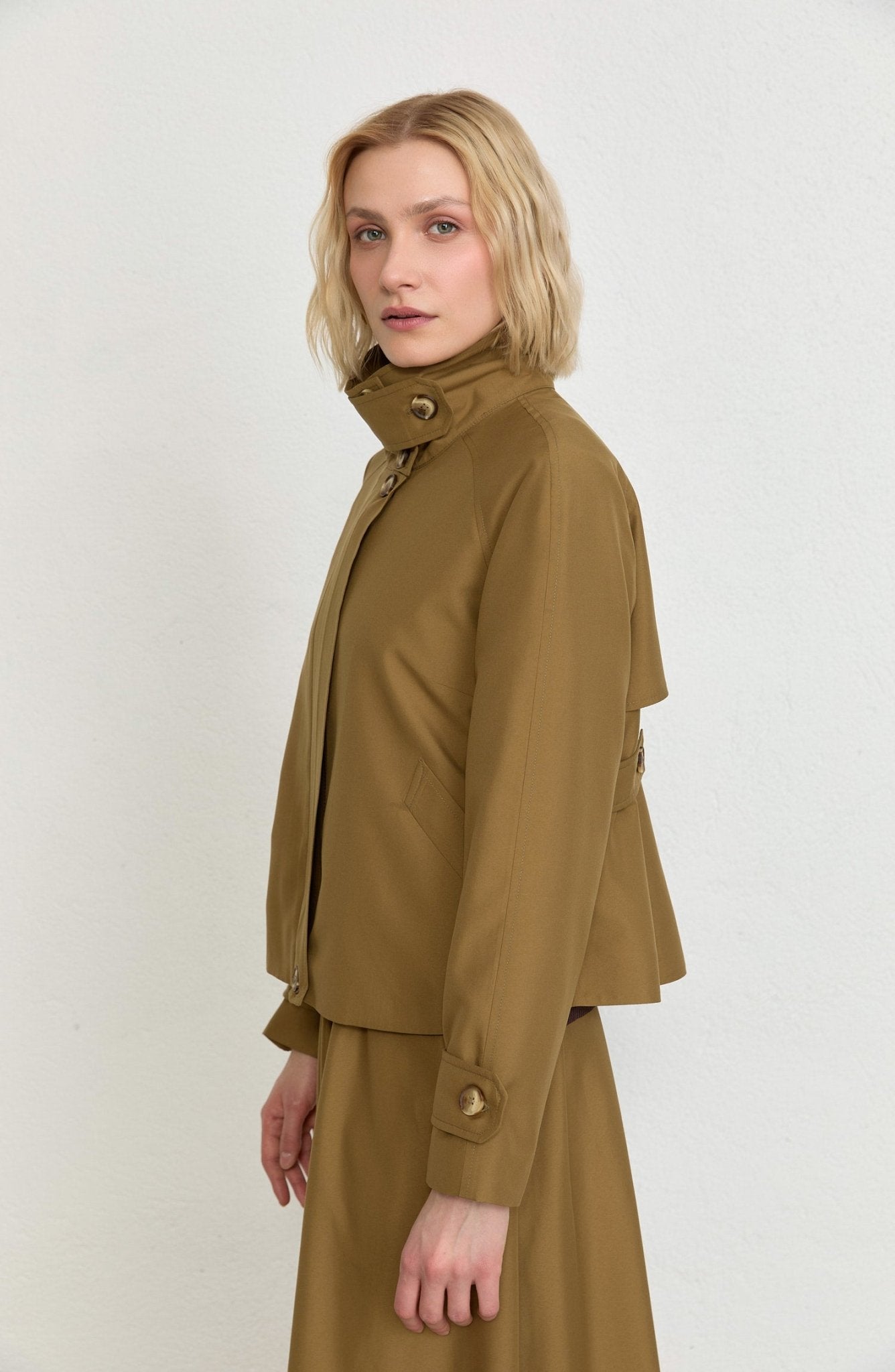 Dik Yaka Yağ Yeşili Oversize Midi Trenç Ceket - Fatma Atasoy