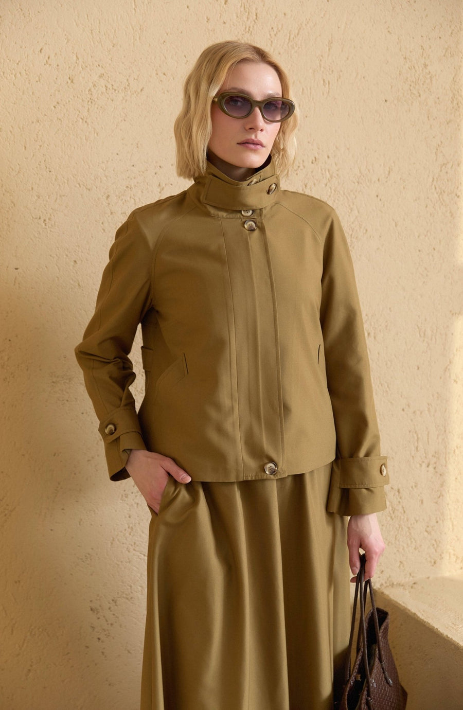 Dik Yaka Yağ Yeşili Oversize Midi Trenç Ceket