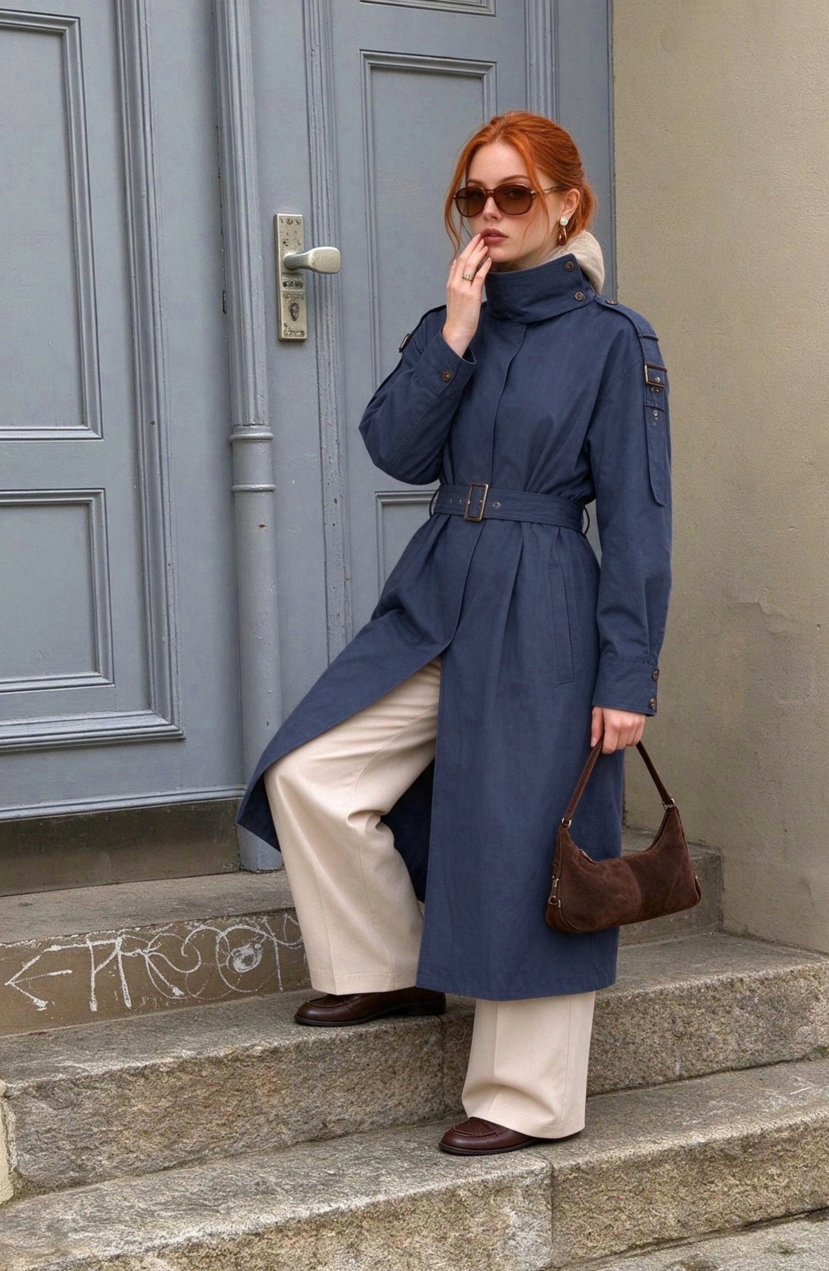 Dik Yaka Toka Kemerli Lacivert Oversize Trençkot