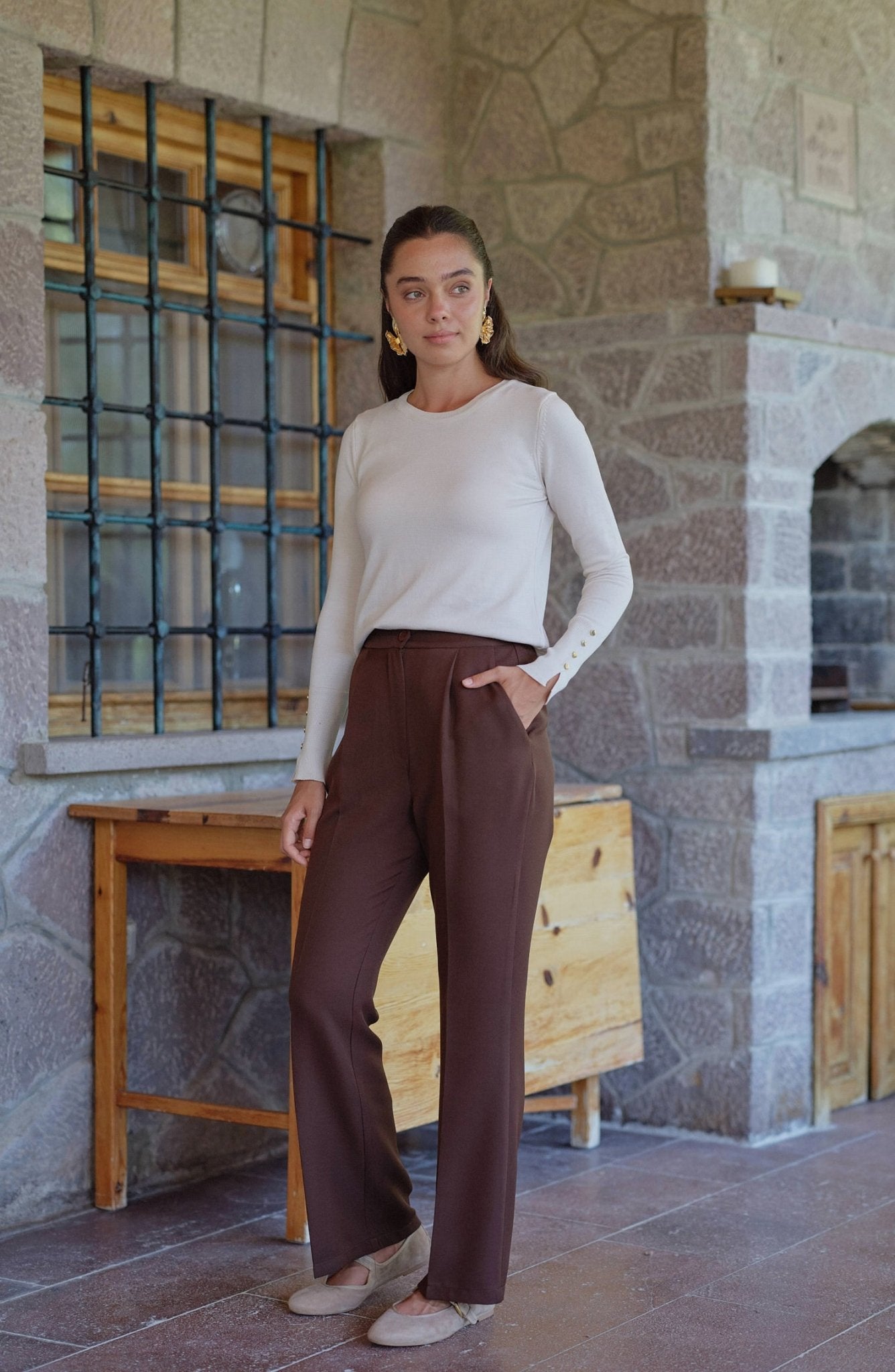 Double İspanyol Paça Pantolon Acı Kahve - Fatma Atasoy