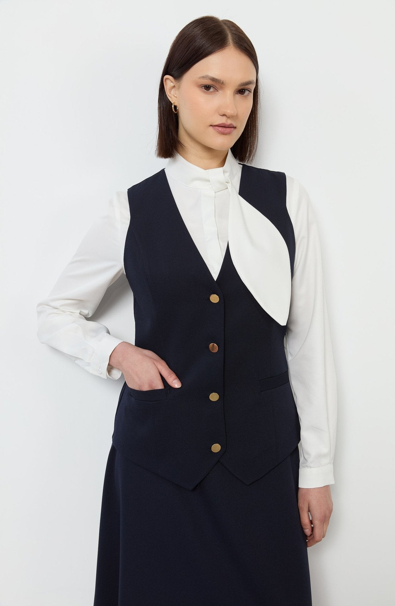 Double Lacivert Midi Yelek - Fatma Atasoy