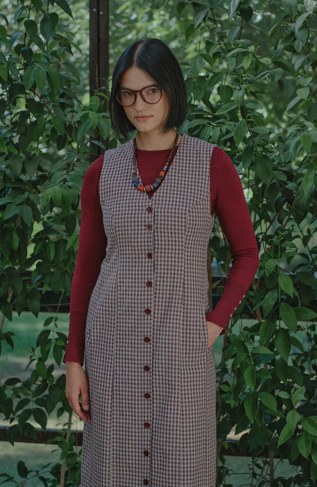 Düğmeli Bordo Minikare Jile - Fatma Atasoy