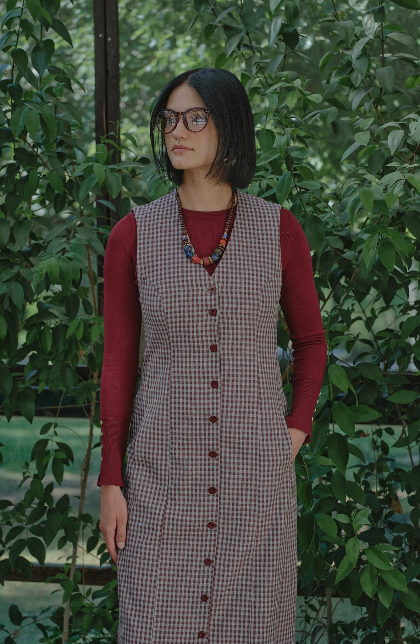 Düğmeli Bordo Minikare Jile - Fatma Atasoy
