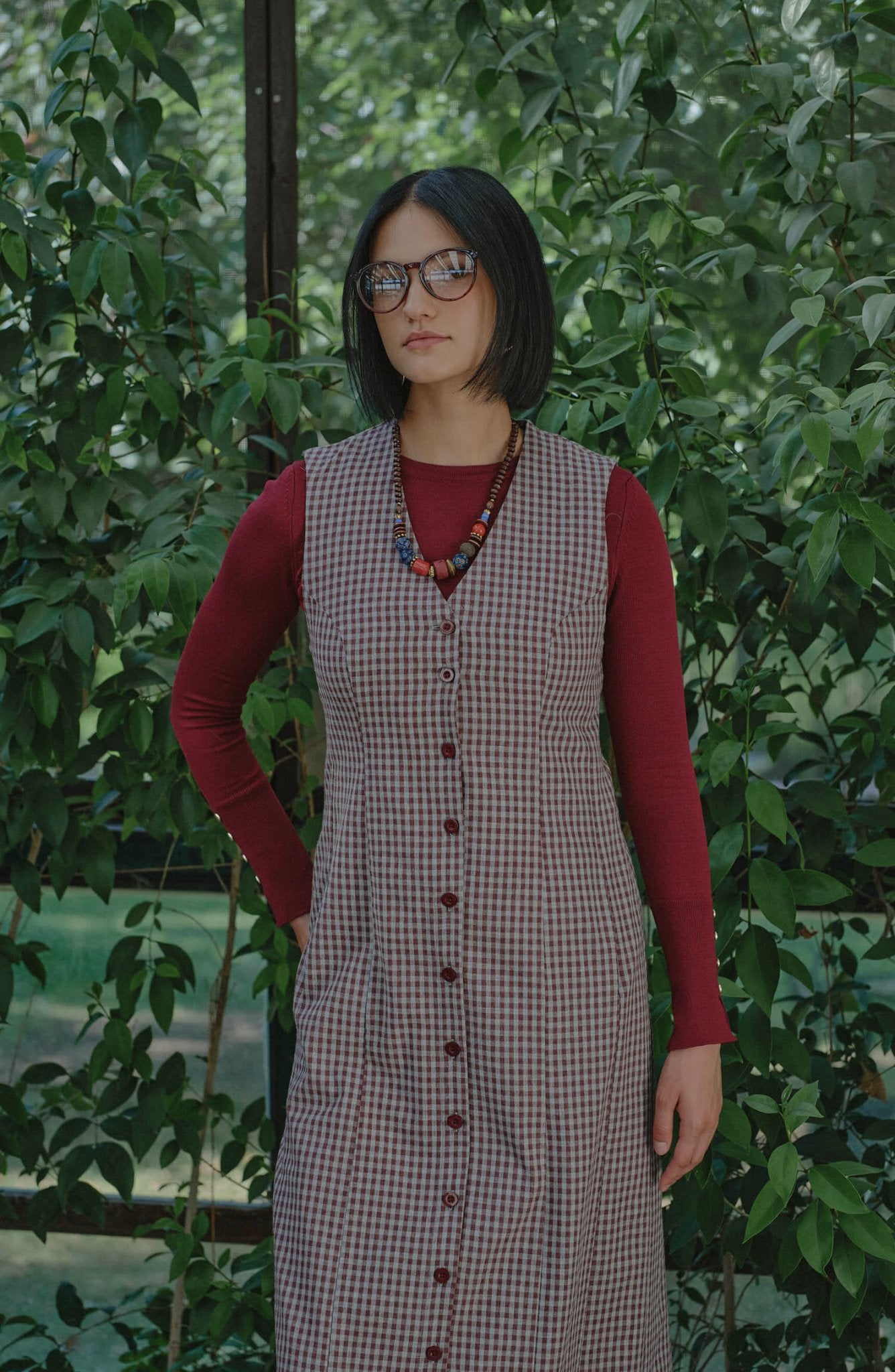 Düğmeli Bordo Minikare Jile - Fatma Atasoy