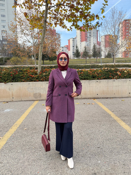 Ekose Bordo Palazzo Ceket - Fatma Atasoy