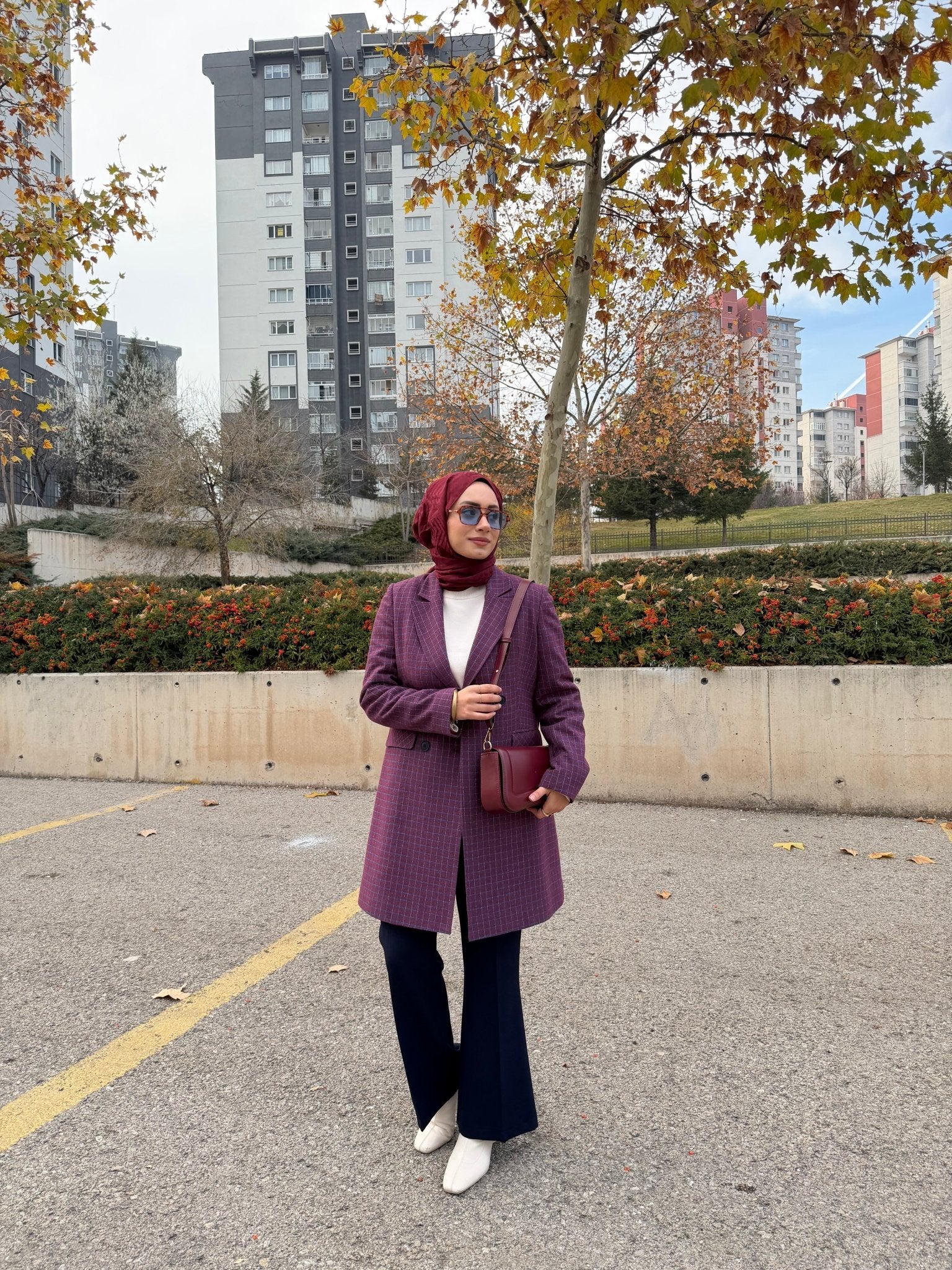 Ekose Bordo Palazzo Ceket - Fatma Atasoy