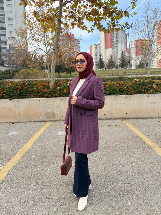 Ekose Bordo Palazzo Ceket - Fatma Atasoy