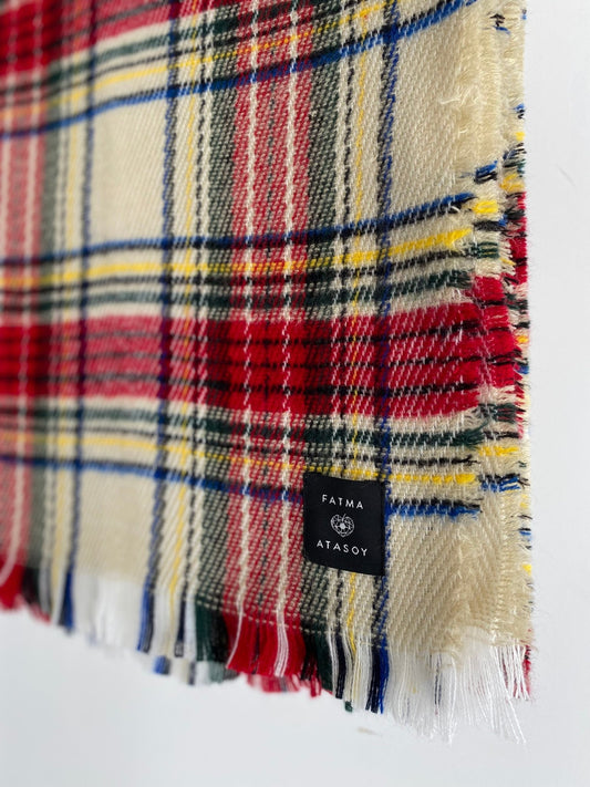 Ekose Ekru Püsküllü Şal - Fatma Atasoy