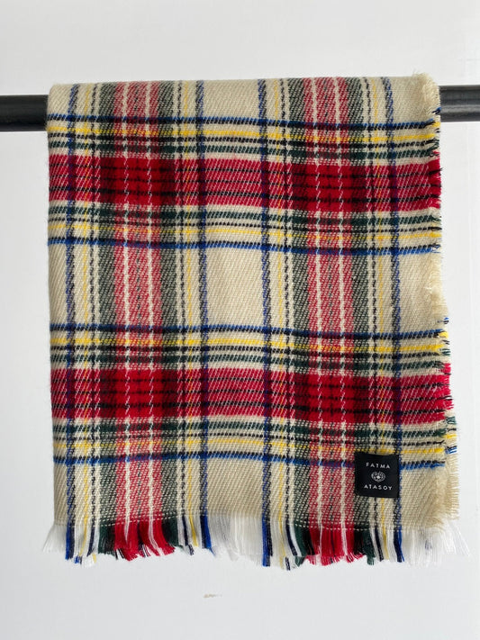 Ekose Ekru Püsküllü Şal - Fatma Atasoy