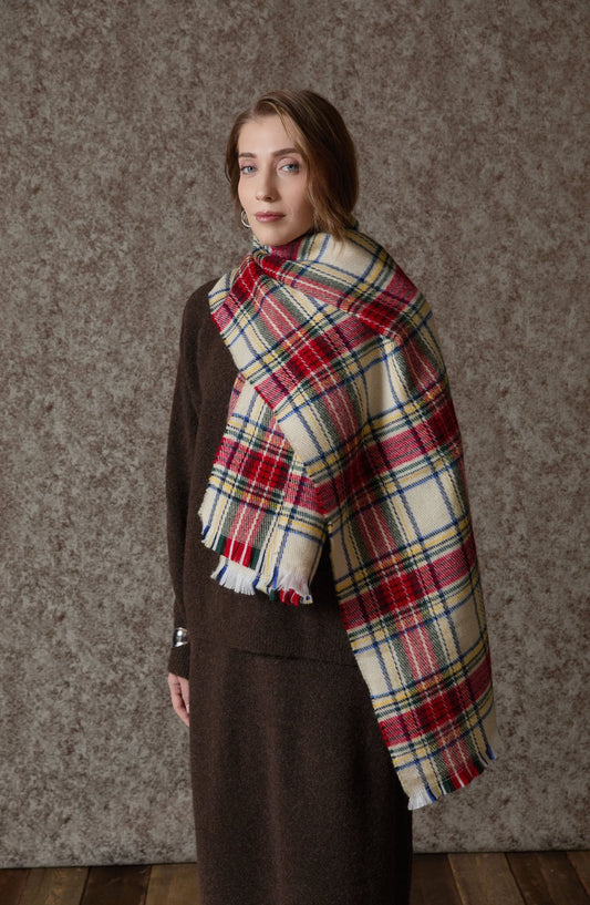 Ekose Ekru Püsküllü Şal - Fatma Atasoy