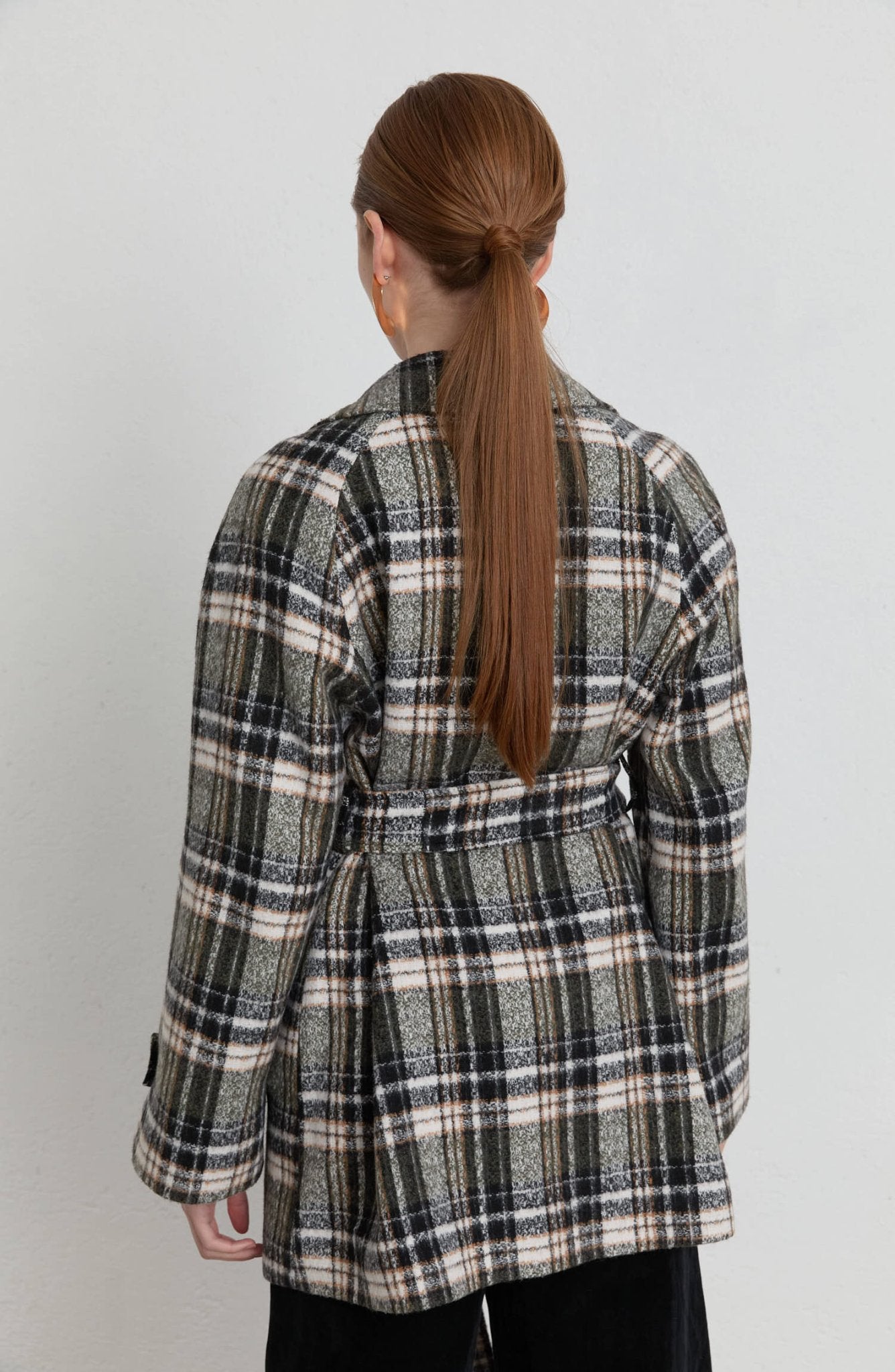 Ekose Kaşe Bağlamalı Haki Midi Ceket Kaban - Fatma Atasoy