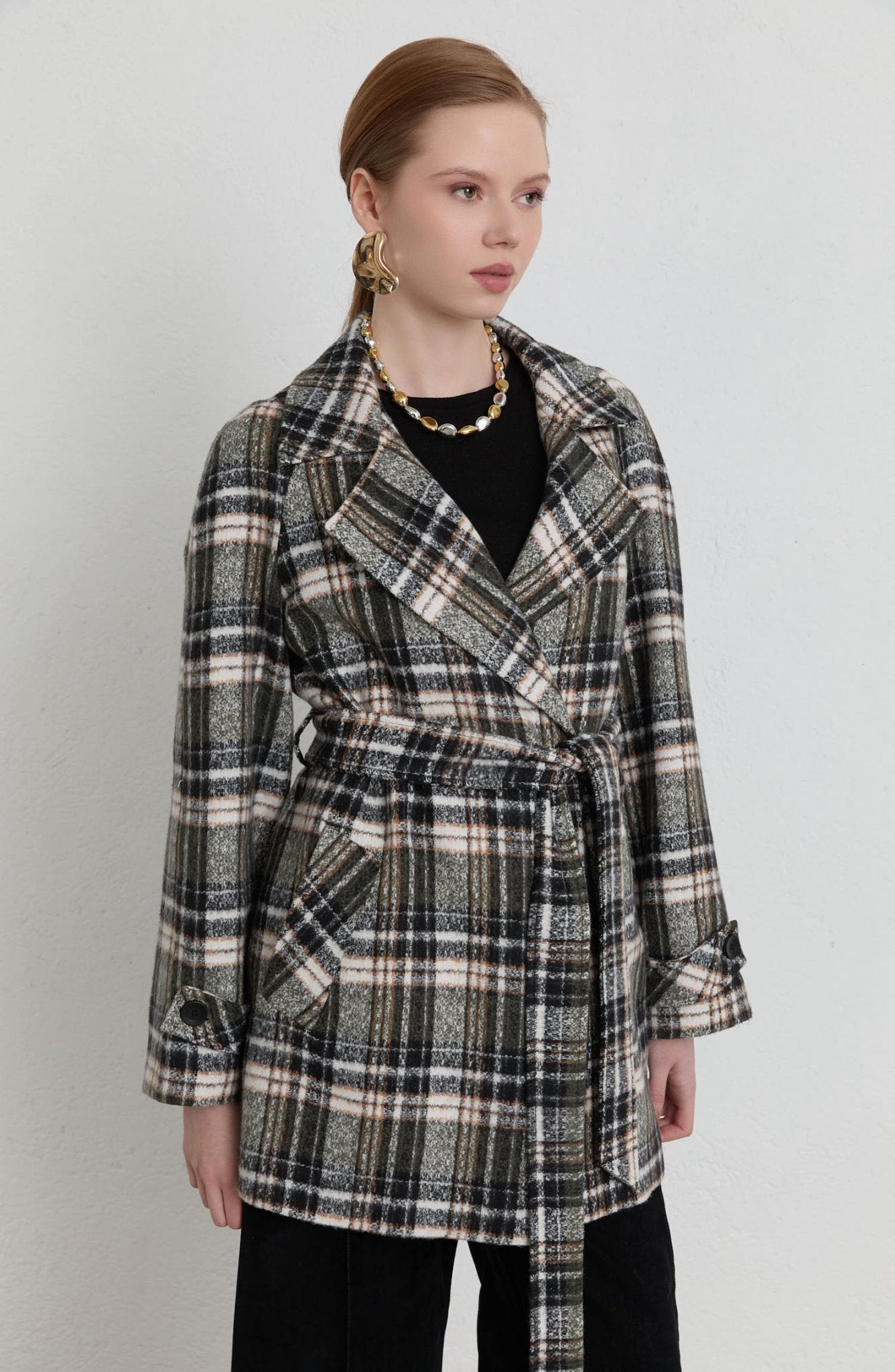 Ekose Kaşe Bağlamalı Haki Midi Ceket Kaban - Fatma Atasoy