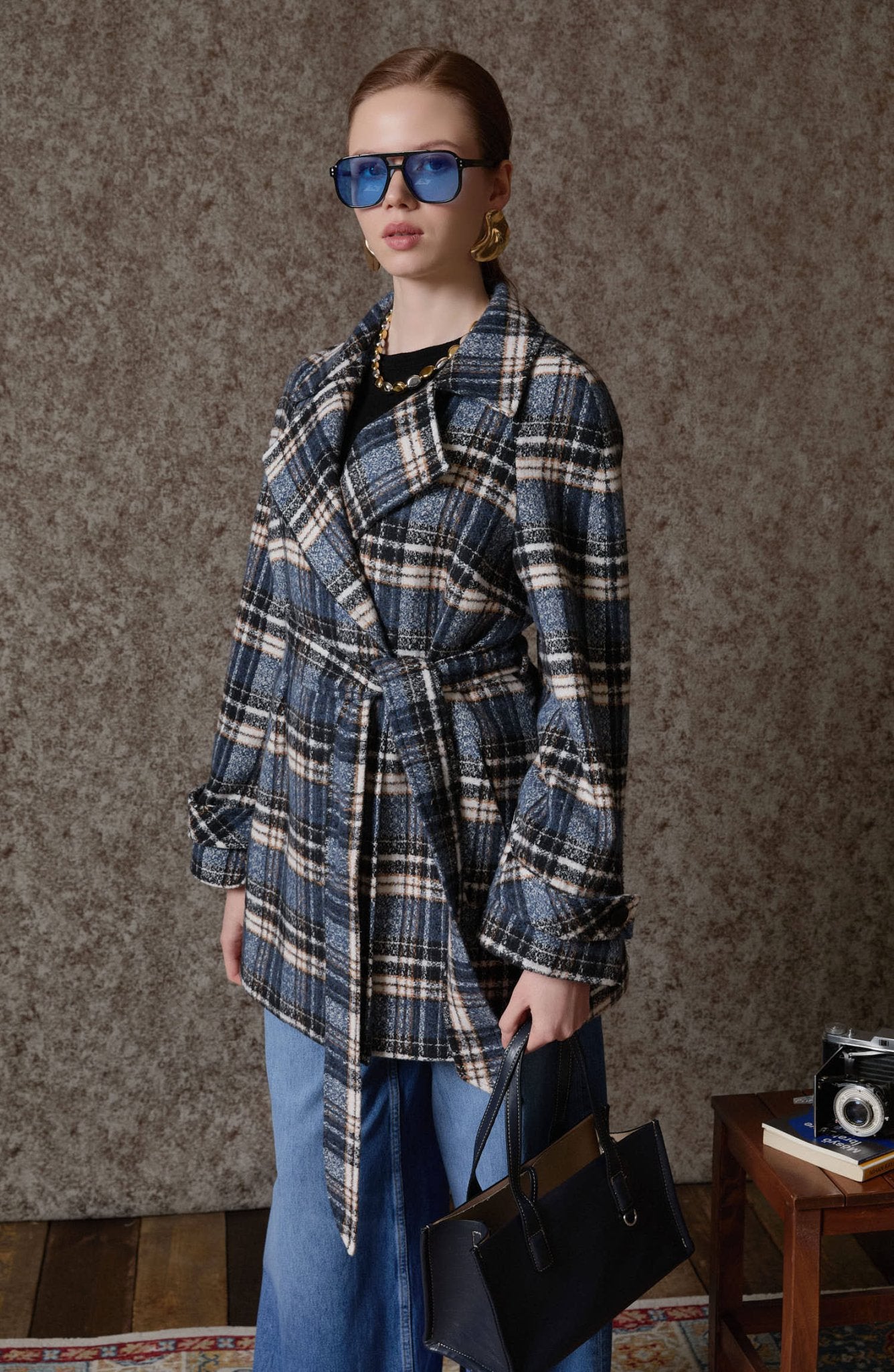 Ekose Kaşe Bağlamalı Lacivert Midi Ceket Kaban - Fatma Atasoy