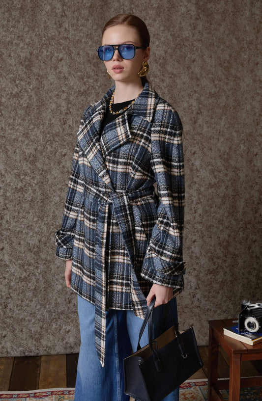 Ekose Kaşe Bağlamalı Lacivert Midi Ceket Kaban - Fatma Atasoy