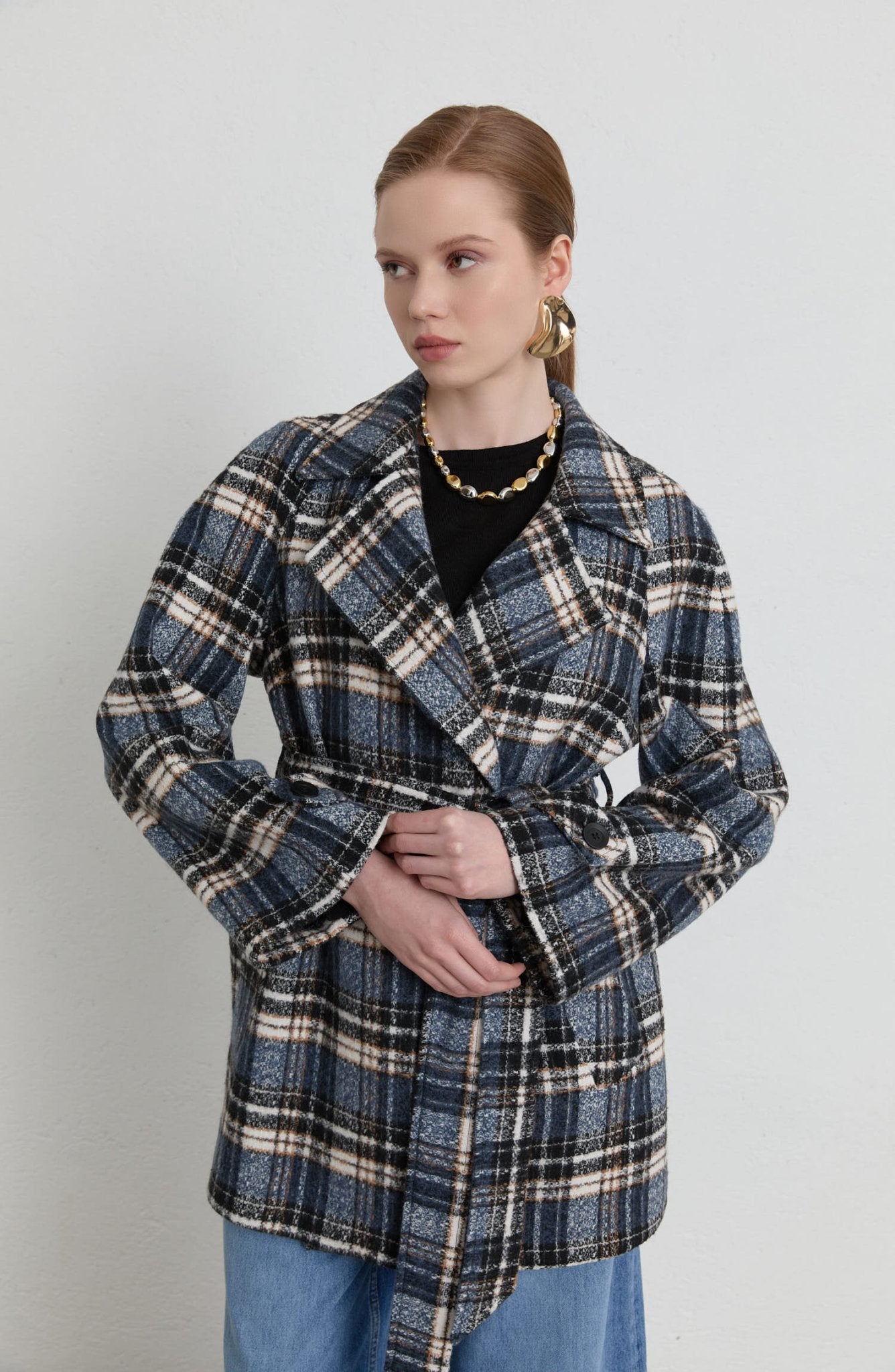 Ekose Kaşe Bağlamalı Lacivert Midi Ceket Kaban - Fatma Atasoy