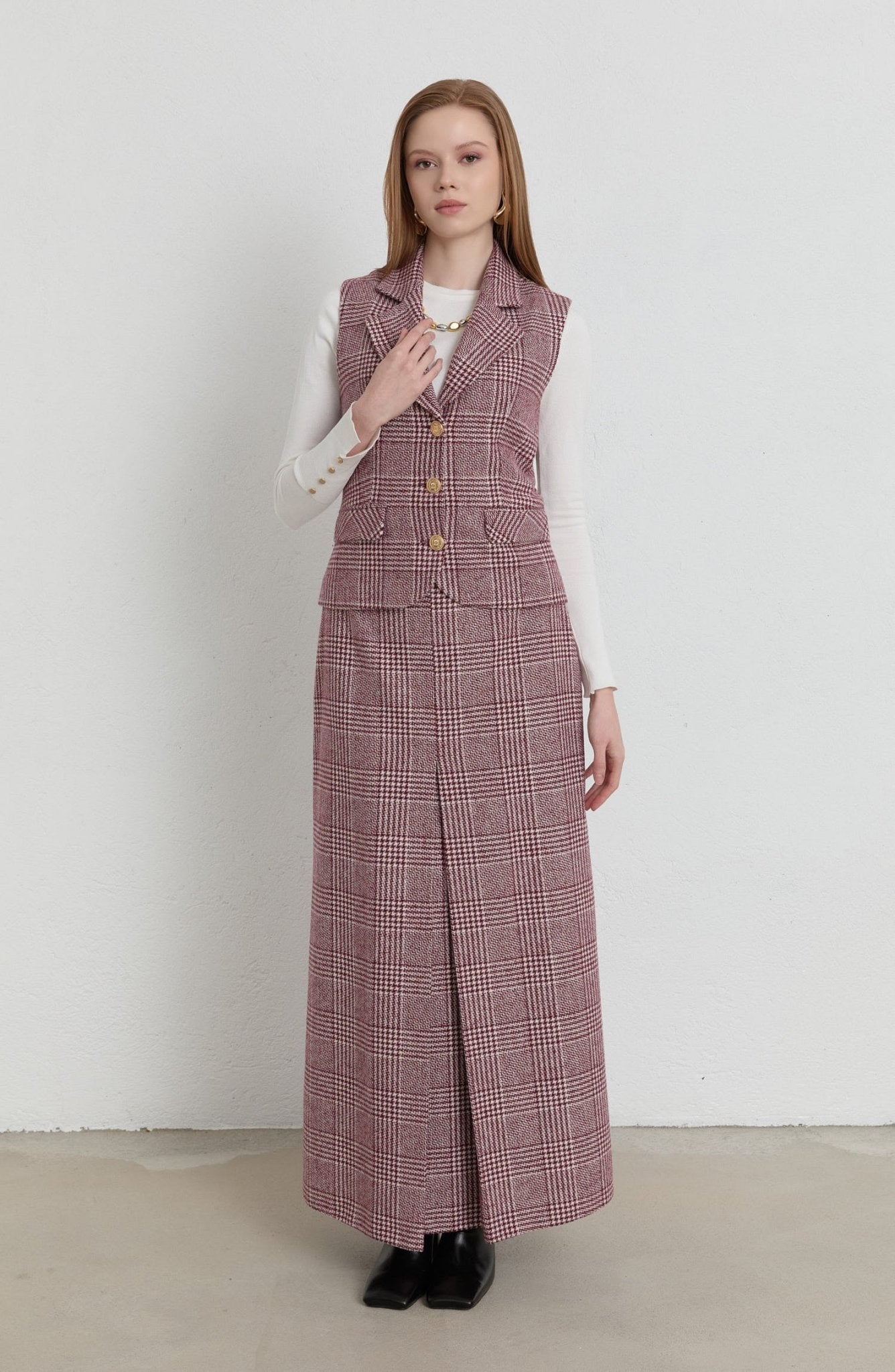 Ekose Kazayağı Blazer Bordo Yelek Etek Takım - Fatma Atasoy