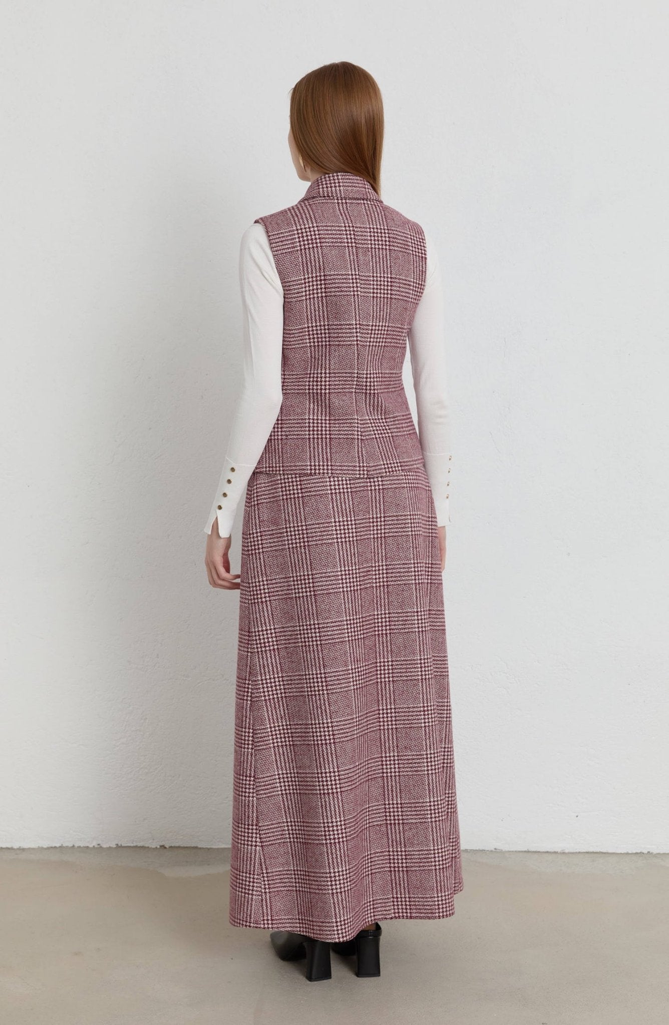 Ekose Kazayağı Blazer Bordo Yelek Etek Takım - Fatma Atasoy