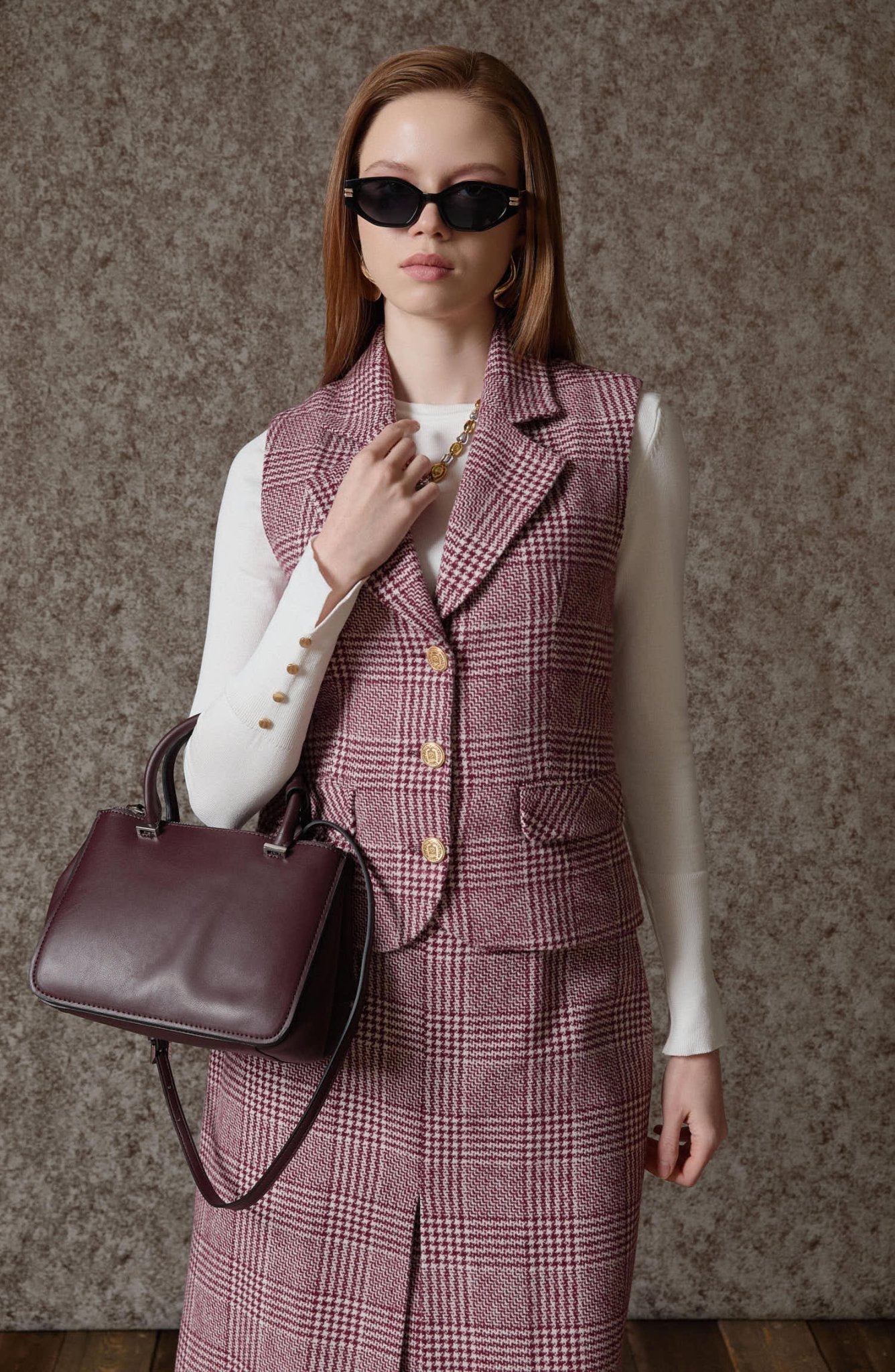 Ekose Kazayağı Blazer Bordo Yelek Etek Takım - Fatma Atasoy